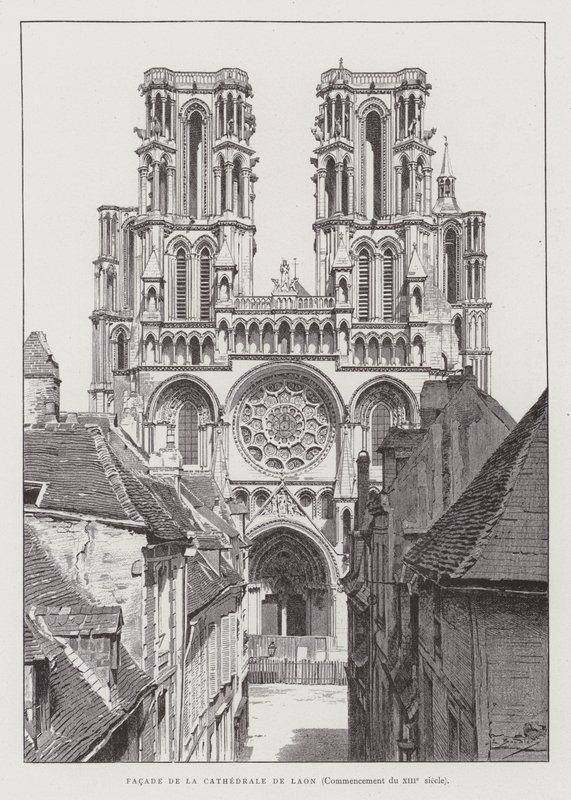 Facade af Laon-katedralen, begyndelsen af det 13. århundrede (litho) af French School