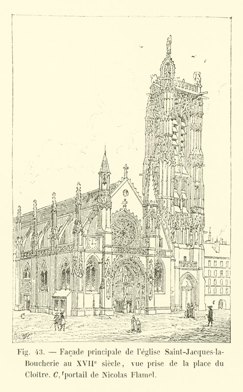Hovedfacade af Saint-Jacques-la-Boucherie kirken i det 17. århundrede, udsigt taget fra Place du Cloitre, portal af Nicolas Flamel af French School