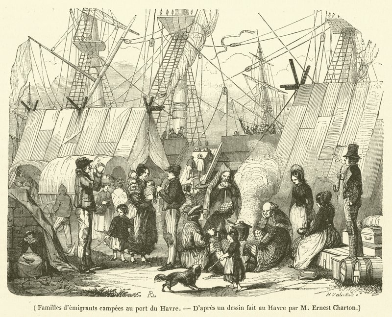 Emigrantfamilier slog lejr i havnen i Le Havre (kobberstik) af French School