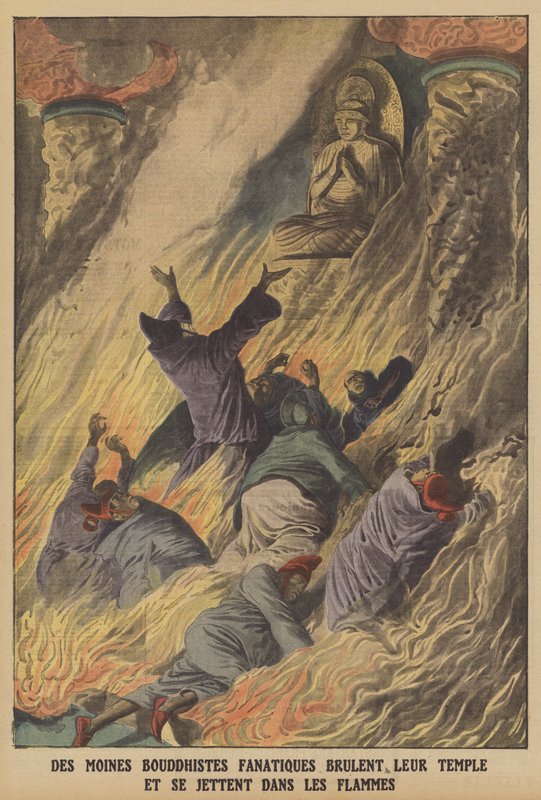 Fanatiske buddhistiske munke brænder deres tempel og kaster sig ind i flammerne på øen Formosa (farve litho) af French School