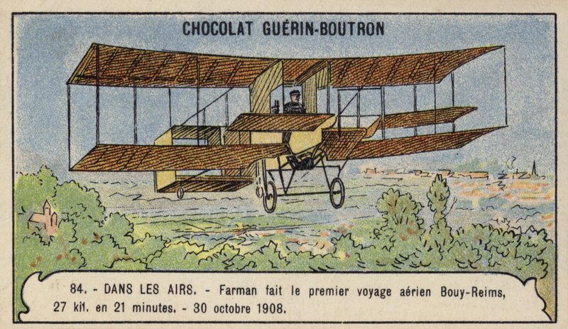 Farman foretager den første langrendsflyvning i Europa, fra Bouy til Reims, Frankrig, 30. oktober 1908 (chromolitho) af French School