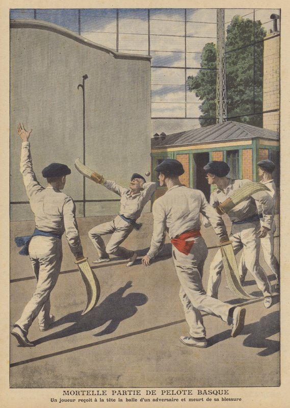 Dødsulykke under et spil baskisk pelota (farve litho) af French School