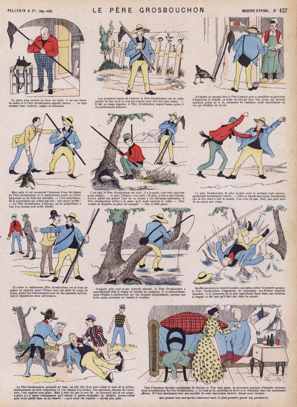 Fader Grosbouchons skæbnesvangre fisketur (farve litho) af French School