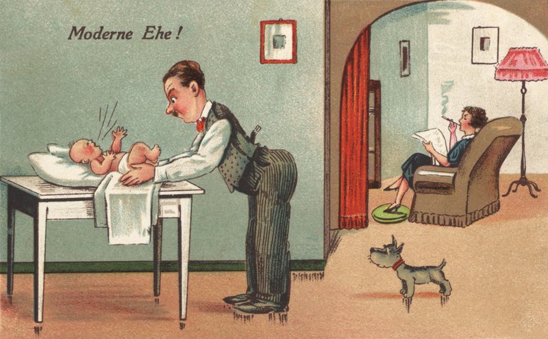Far skifter baby (farve litho) af French School