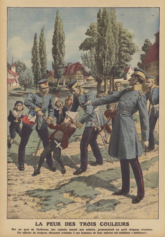 Frygt for det franske flag i Alsace (farve litho) af French School