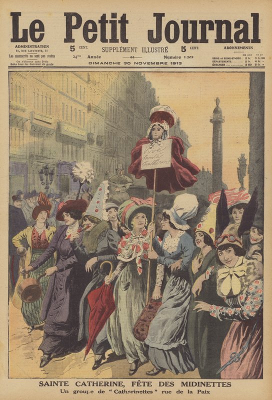 St. Catherines fest, skytshelgen for beklædningsarbejdere (farve litho) af French School