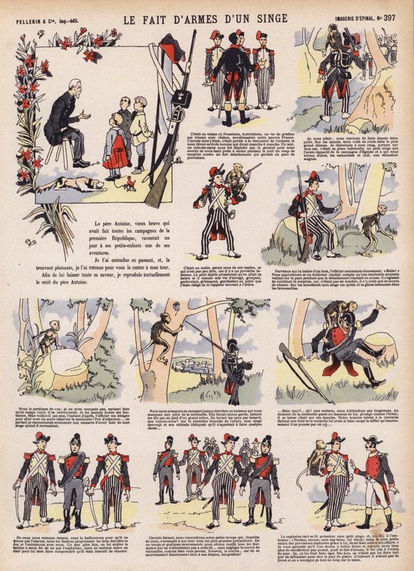 Vaabenbedrifter af en abe (farve litho) af French School