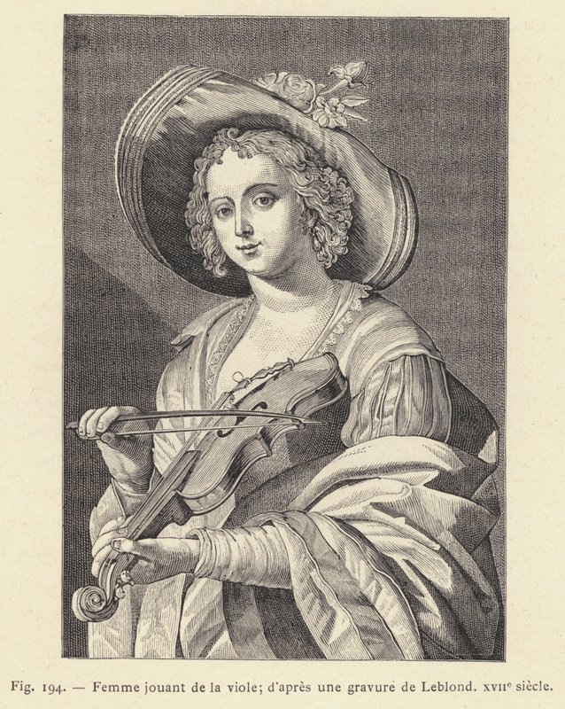 Kvinde spiller viol, efter en gravering af Leblond, 1600-tallet (gravering) af French School