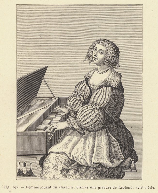 Kvinde, der spiller cembalo, efter en gravering af Leblond, 1600-tallet (gravering) af French School