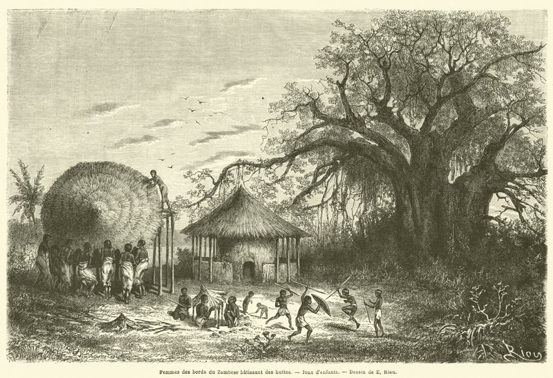 Kvinder fra bredden af ​​Zambese bygger hytter, børnelege (gravering) af French School