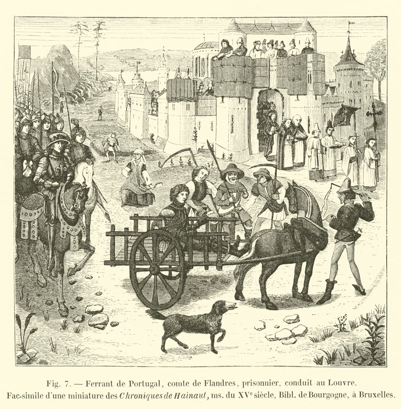 Ferrant af Portugal, greve af Flandern, fange, ført til Louvre, Faksimile af en miniature fra Chroniques de Hainaut, ms fra det 15. århundrede, Bibl de Bourgogne, i Bruxelles af French School