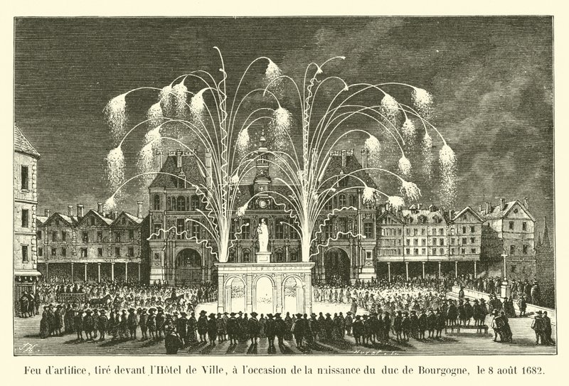 Fyrværkeri, affyret foran rådhuset, i anledning af fødslen af ​​hertugen af ​​Bourgogne, 8. august 1682 af French School
