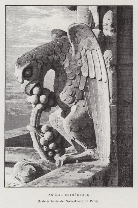 Figur af et kimærisk dyr, fra det øverste galleri i Notre Dame de Paris (litho) af French School