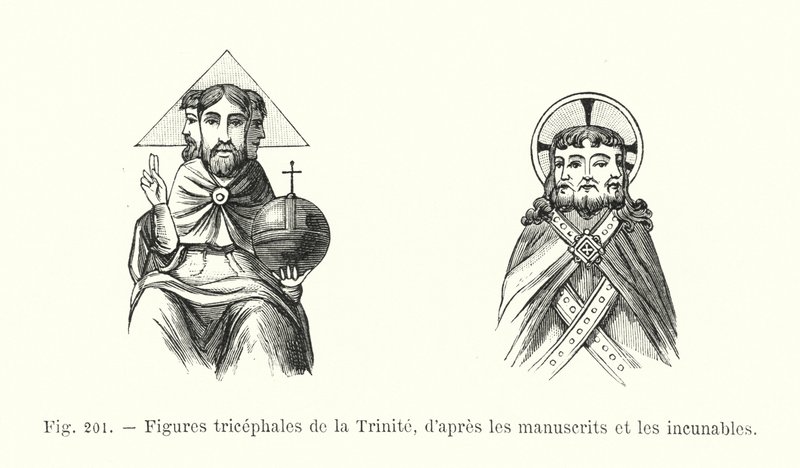 Trehovedede figurer af treenigheden, fra manuskripter og inkunabler (gravering) af French School