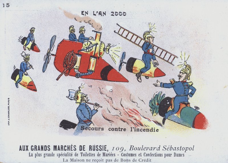 Brandbekæmpelse i år 2000 (farve litho) af French School