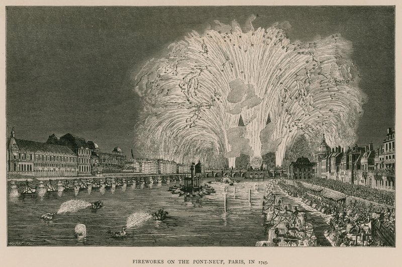 Fyrværkeri på Pont-Neuf, Paris, i 1745 af French School