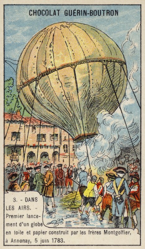 Første opsendelse af en luftballon af Montgolfier Brothers, Annonay, Frankrig, 5. juni 1783 (chromolitho) af French School