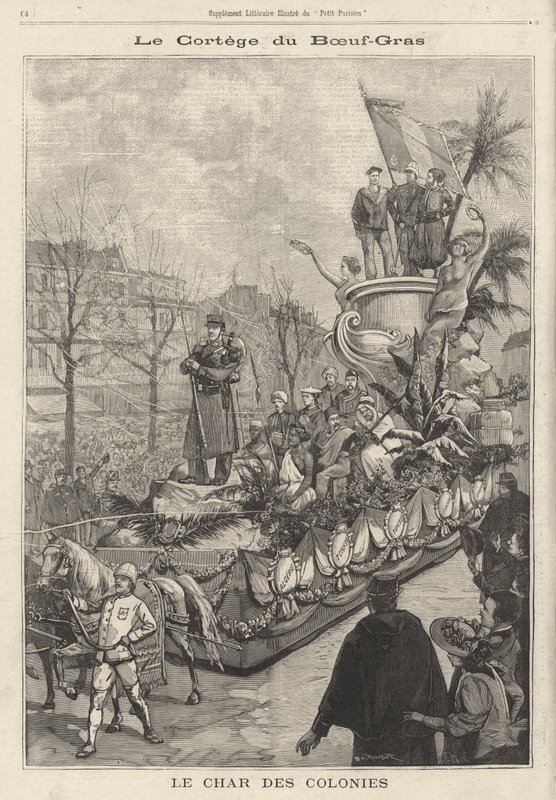 Float of the Colonies i Boeuf Gras karnevalsoptog, Paris, Frankrig (gravering) af French School