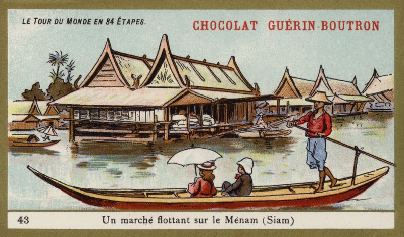 Flydende marked ved floden Menam, Siam (chromolitho) af French School