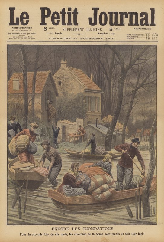 Oversvømmelser ved floden Seinen, Frankrig (farve litho) af French School