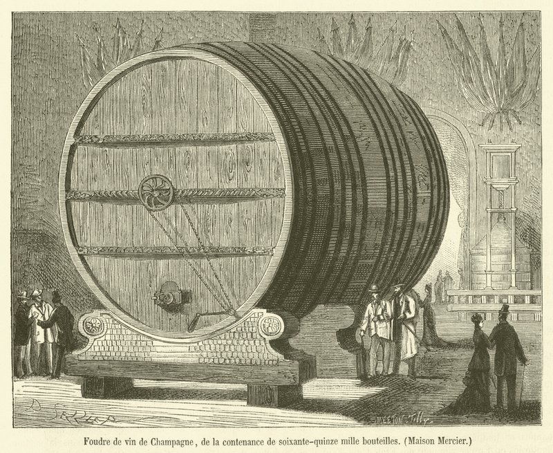 Foudre af Champagne-vin, med en kapacitet på femoghalvfjerds tusinde flasker, Maison Mercier (gravering) af French School
