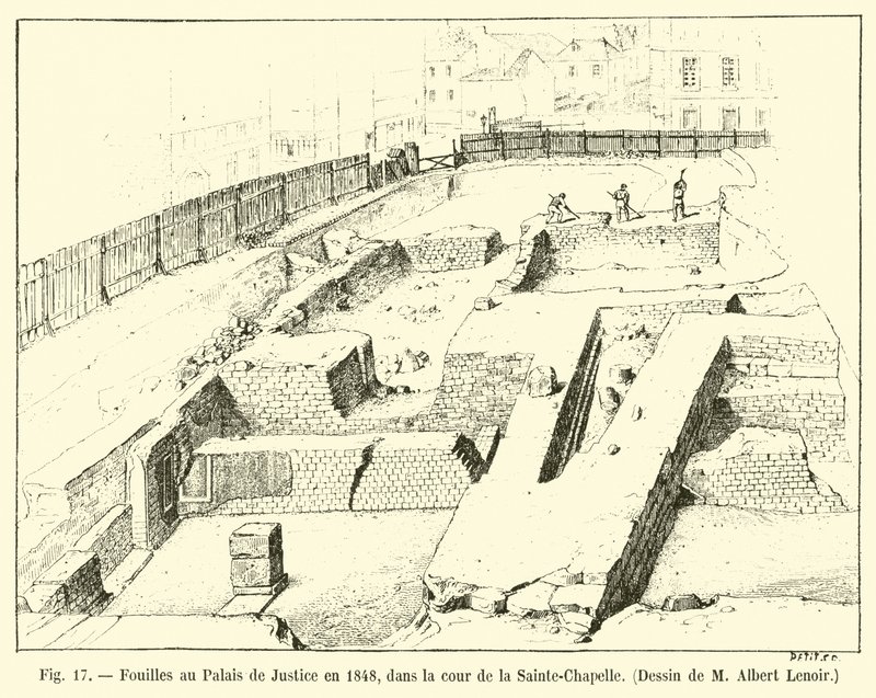 Udgravninger ved Palais de Justice i 1848, i gården til Sainte-Chapelle, Tegning af M Albert Lenoir af French School