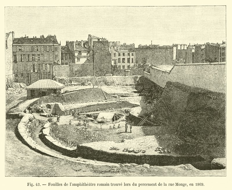 Udgravninger af et romersk lampeteater fundet under udgravningen af ​​rue Monge i 1869 af French School