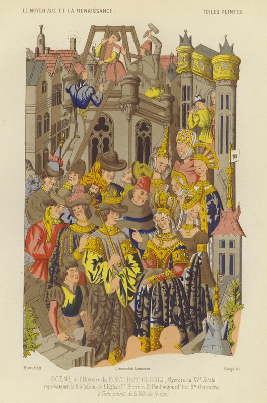 Grundlæggelse af klosteret St. Genevieve, Paris, under Clovis, frankernes konge (chromolitho) af French School
