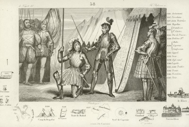 Francis I of France requesting to be knighted by the Chevalier Bayard after victory at the Battle of Marignano, Italy, 1515  af French School