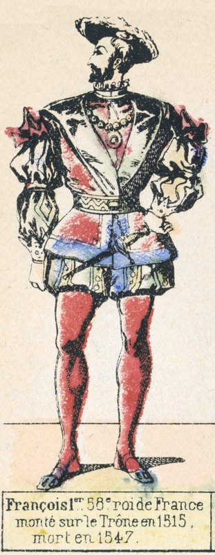 Francois 1er, 58. konge af Frankrig, besteg tronen i 1515, døde i 1547 (farvegravering) af French School