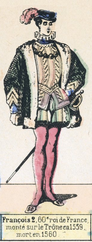 Francois 2, 60. konge af Frankrig, besteg tronen i 1559, døde i 1560 (farvegravering) af French School