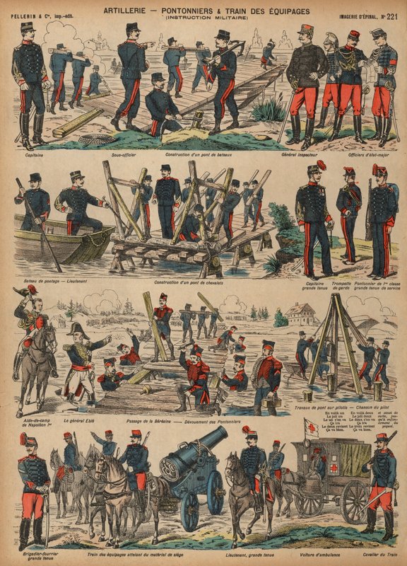 Fransk hærs artilleri bygger pontonbroer (farvet indgravering) af French School