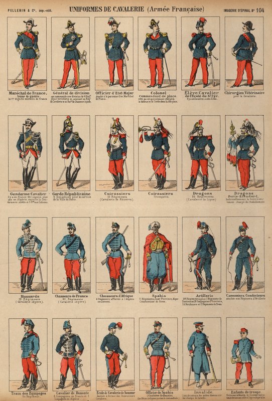 Franske hærs kavaleriuniformer (farvet indgravering) af French School