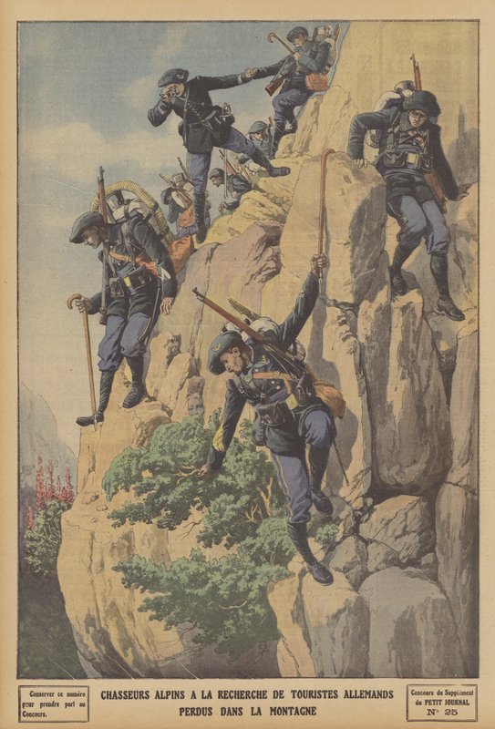 Franske Chasseurs Alpiner søger efter tyske turister tabt i Alperne (farve litho) af French School