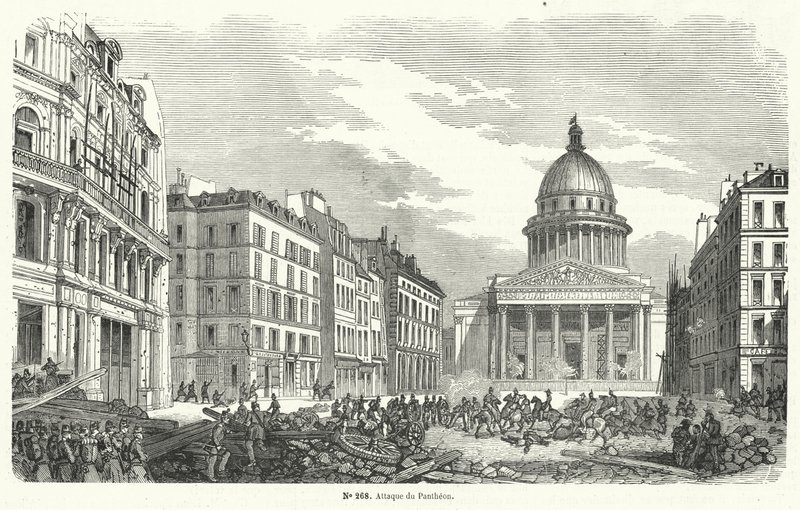 Franske hærtropper angriber oprørere, der besætter Pantheon, Paris, 24. juni 1848 (gravering) af French School