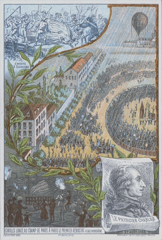 Den franske ballonfarer Jacques Charles opsender den første brintballon fra Champ de Mars, Paris, 27. august af French School