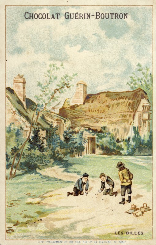 Franske børn leger med kugler uden for hytten (chromolitho) af French School