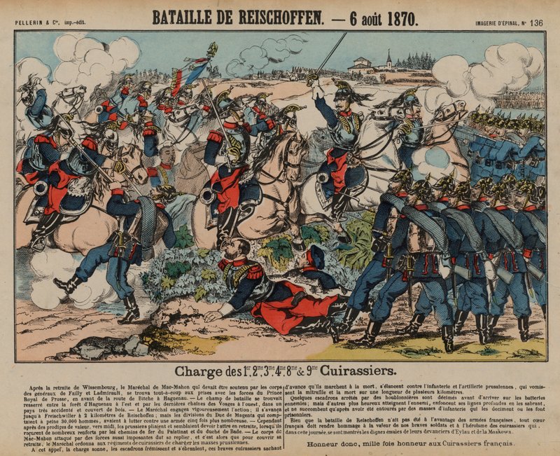 Franske kurassierer angreb preussisk infanteri i slaget ved Reichshoffen, fransk-preussisk krig, 6. august 1870 (farvestik) af French School