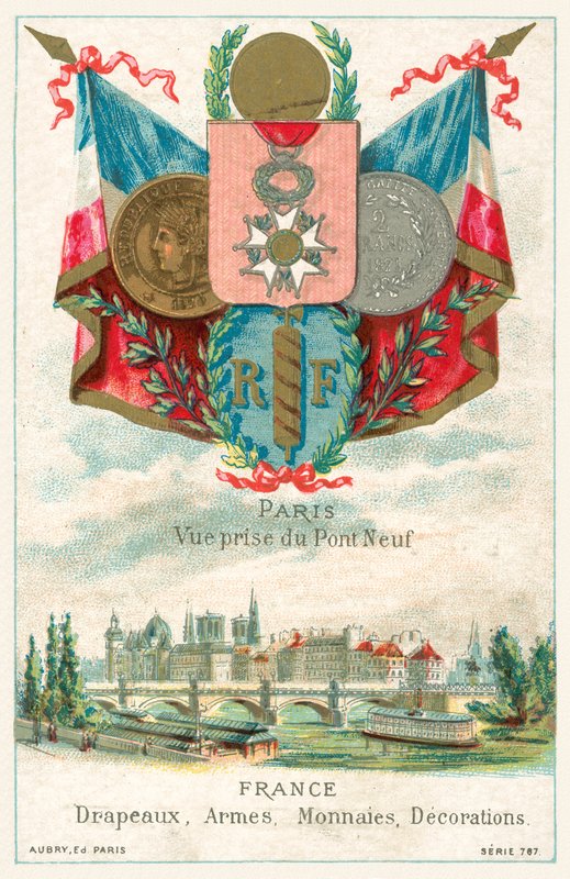 Franske flag, våben, mønter og dekorationer og udsigt over Paris fra Pont Neuf (chromolitho) af French School
