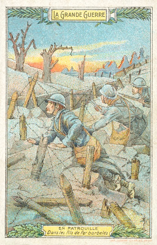Fransk patrulje blandt pigtråden, Første Verdenskrig (chromolitho) af French School