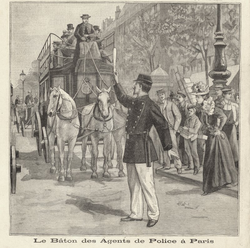 Fransk politimand bruger sin stafet til at dirigere trafikken på gaderne i Paris (gravering) af French School