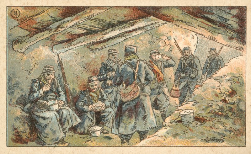 Franske soldater spiser i en dugout, Første Verdenskrig (chromolitho) af French School