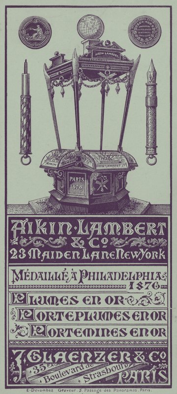 Fransk handelskort reklame Aikin Lambert kuglepenne, penneholdere og drivende blyanter (litho) af French School