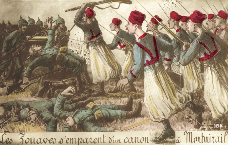 Franske zouaver, der fanger et tysk artilleristykke ved Montmirail, Første Verdenskrig (farve litho) af French School