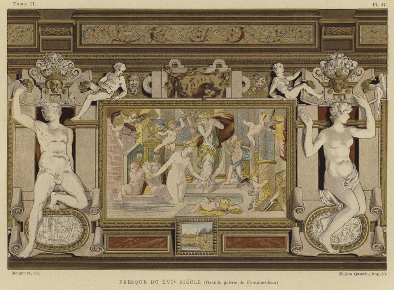 Fresco i Chateau de Fontainebleau, Frankrig, 1500-tallet af French School