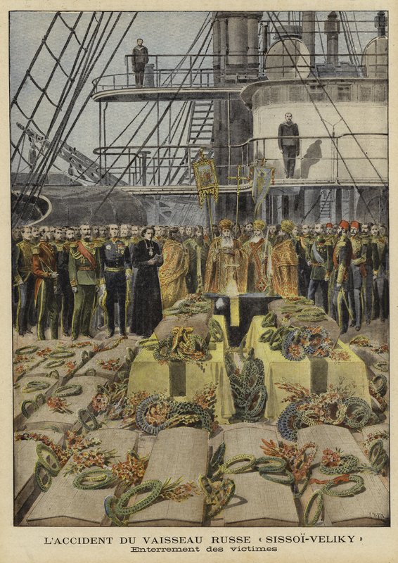 Begravelse af ofre for ulykken om bord på det russiske slagskib Sissoi Veliky, 1897 af French School