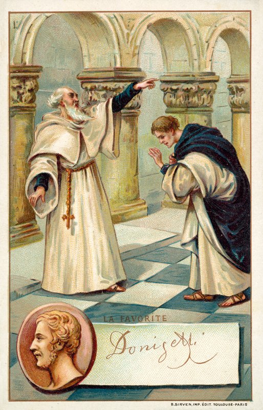 Gaetano Donizetti, italiensk komponist, og en scene fra hans opera La Favorite (chromolitho) af French School
