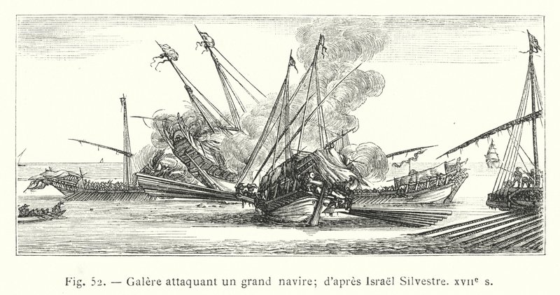 Galley angriber et stort skib; efter Israel Silvestre, 1600-tallet (stik) af French School