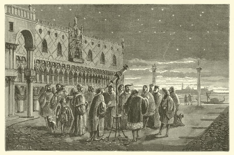 Galileo viser Jupiters satellitter til senatorerne i Venedig (gravering) af French School