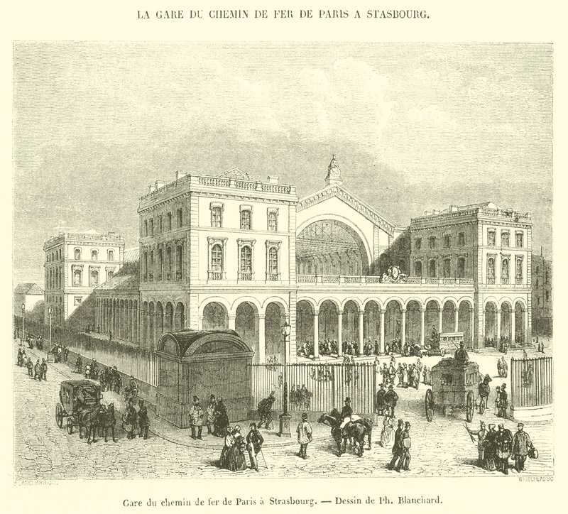 Jernbanestation fra Paris til Strasbourg (gravering) af French School